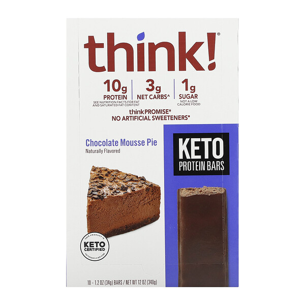 Keto Protein Bars, шоколадный пирог с муссом, 10 батончиков, по 1,2 унции (34 г) каждый Think!