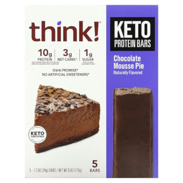 Keto Protein Bars, шоколадный пирог с муссом, 5 батончиков, по 1,2 унции (34 г) каждый Think!