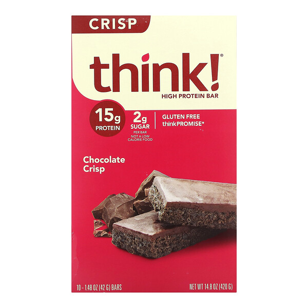 Батончик с высоким содержанием белка, шоколадные чипсы, 10 батончиков, 1,48 унции (42 г) Think!