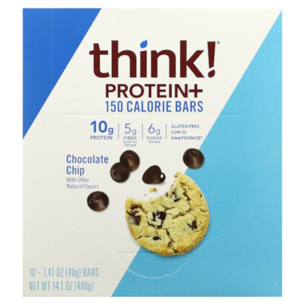 Батончики Protein+, 150 калорий, шоколадная крошка, 10 батончиков, 40 г (1,41 унции) каждый Think!