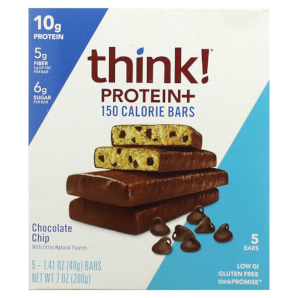 Батончики Protein+, 150 калорий, шоколадная крошка, 5 батончиков, 40 г (1,41 унции) каждый Think!