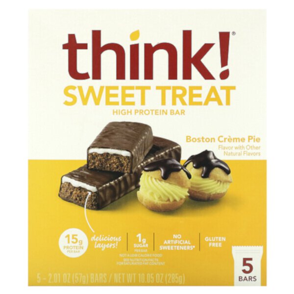 Sweet Treat, Батончик с высоким содержанием белка, бостонский кремовый пирог, 5 батончиков, по 2,01 унции (57 г) каждый Think!