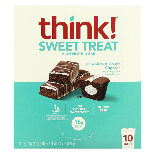 Батончик Sweet Treat с высоким содержанием белка, шоколадно-кремовый кекс, 10 батончиков, по 2,01 унции (57 г) каждый Think!