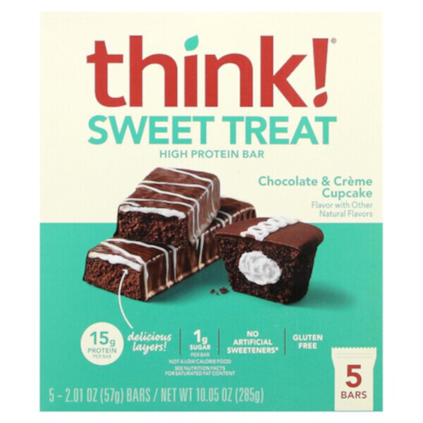 Sweet Treat, Батончик с высоким содержанием белка, шоколадно-кремовый кекс, 5 батончиков, 2,01 унции (57 г) Think!