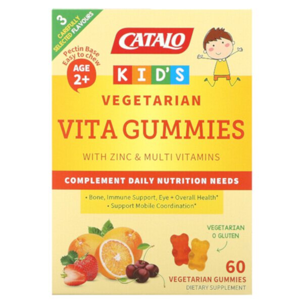 Детские вегетарианские жевательные конфеты Vita с цинком и мультивитаминами, возраст 2+, клубника, вишня и апельсин, 60 вегетарианских жевательных конфет Catalo Naturals