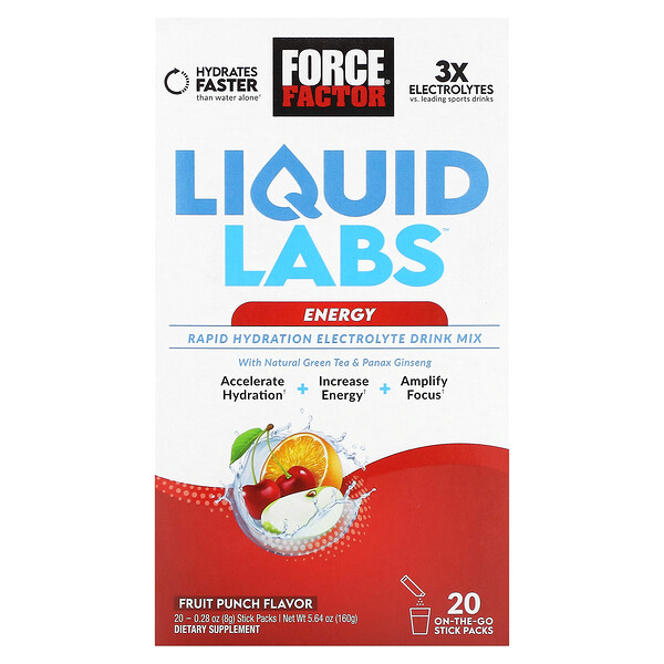 Liquid Labs Energy, Смесь для питья с электролитами для быстрой гидратации, фруктовый пунш, 20 пакетиков по 0,28 унции (8 г) каждый Force Factor