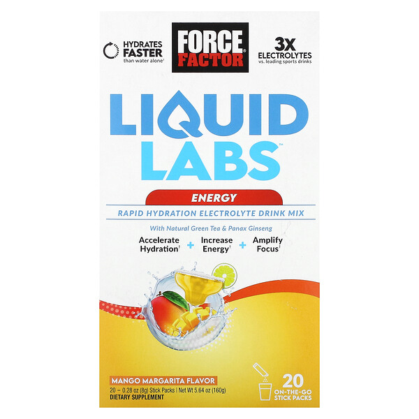 Liquid Labs Energy, Смесь для питья с электролитами для быстрой гидратации, манго-маргарита, 20 пакетиков по 0,28 унции (8 г) каждый Force Factor