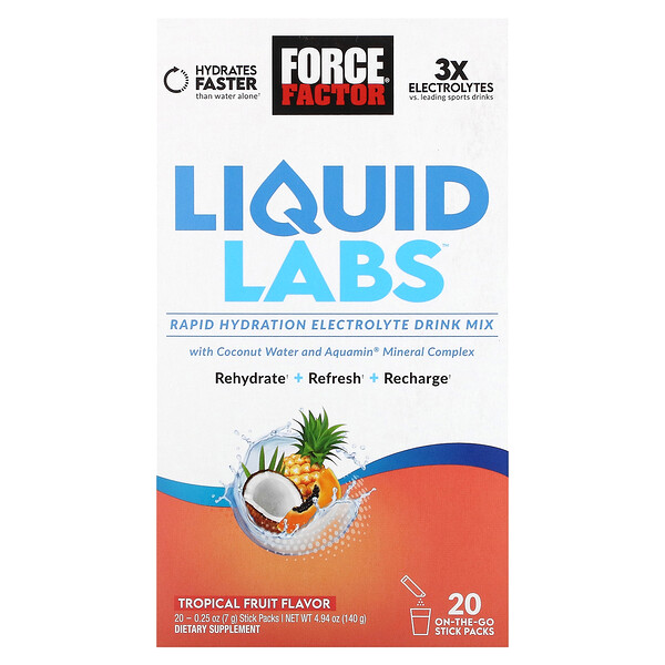 Liquid Labs, Смесь для питья с электролитами для быстрой гидратации, тропические фрукты, 20 пакетиков по 0,25 унции (7 г) каждый Force Factor