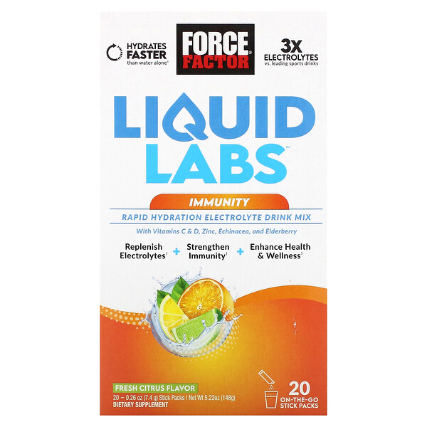 Liquid Labs Immunity, Смесь для питья с электролитами для быстрой гидратации, свежие цитрусовые, 20 пакетиков по 7,4 г (0,26 унции) каждый Force Factor