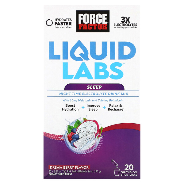 Liquid Labs Sleep, Смесь для ночного напитка с электролитами, Dream Berry, 20 пакетиков по 0,25 унции (7 г) каждый Force Factor