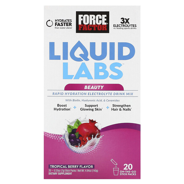 Liquid Labs Beauty, Смесь для питья с электролитами для быстрого увлажнения, тропические ягоды, 20 пакетиков по 0,25 унции (7 г) каждый Force Factor