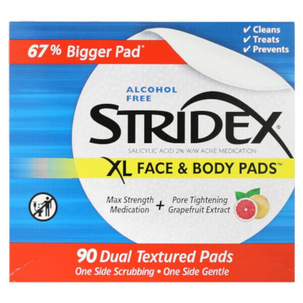 Прокладки для лица и тела XL, без спирта, 90 прокладок с двойной текстурой Stridex