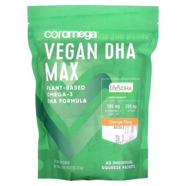 Vegan DHA Max, апельсин, 60 отдельных пакетиков по 2,5 г каждый Coromega