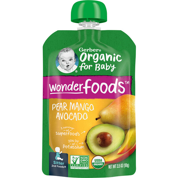 Organic for Baby, Wonderfoods, 2nd Foods, Pear, Mango, Avocado, 3.5 oz (99 g) GERBER