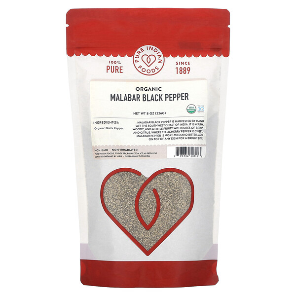 Organic Malabar Black Pepper, 8 oz (226 g) Pure Indian Foods