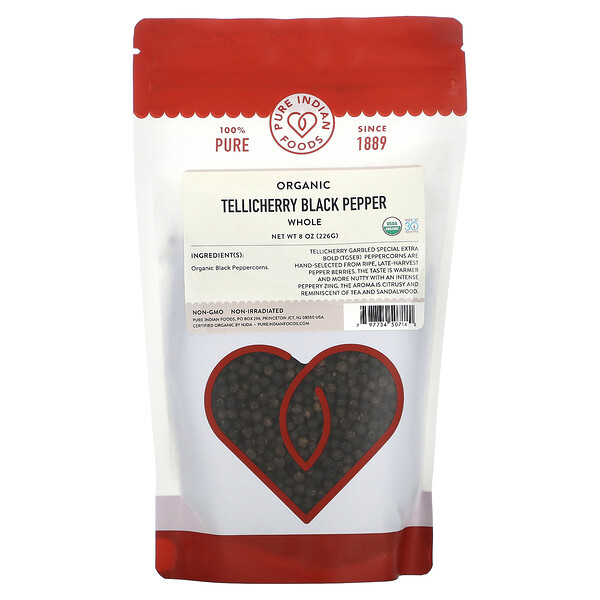 Organic Tellicherry Black Pepper, Whole , 8 oz (226 g) Pure Indian Foods