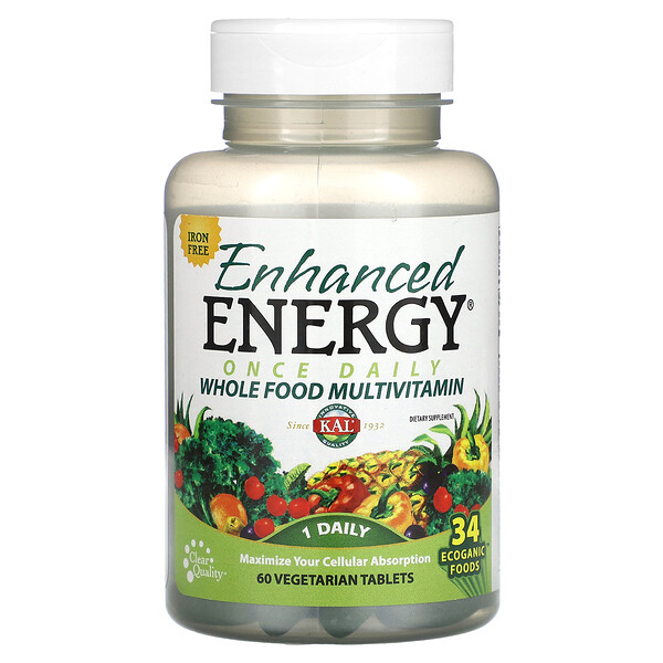 Усиленная Энергия, Ежедневный Мультивитамин из Натуральных Продуктов, Без Железа - 60 вегетарианских таблеток - KAL KAL