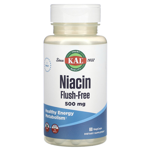 Ниацин, не смываемый, 500 мг, 60 растительных капсул KAL