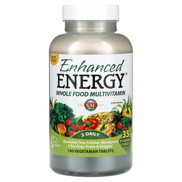 Enhanced Energy, Цельнопищевые мультивитамины, без железа, 180 вегетарианских таблеток KAL