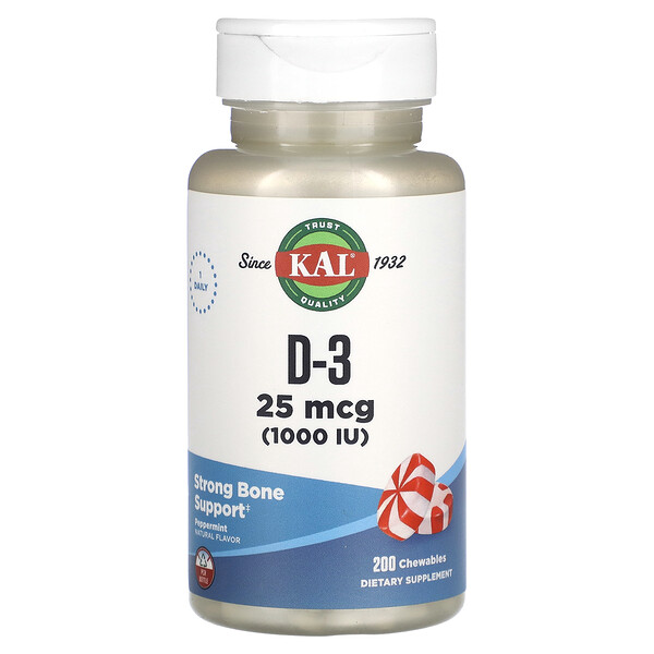 D-3, Мята перечная, 25 мкг (1000 МЕ), 200 жевательных таблеток KAL