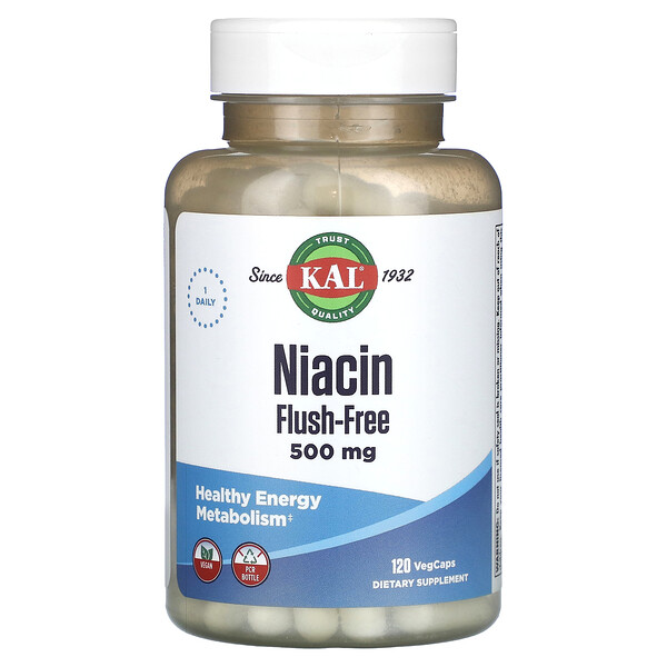 Ниацин, не смываемый, 500 мг, 120 растительных капсул KAL
