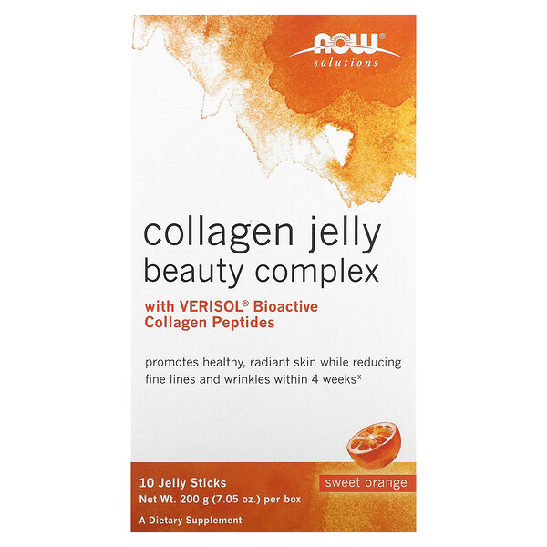 Solutions, Collagen Jelly Beauty Complex, Sweet Orange, 10 Jelly Sticks, 0.705 oz (Унции) (20 g) Each NOW Foods