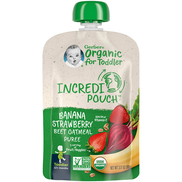 Organic For Toddler, 12+ Months, Banana, Strawberry, Beet, Oatmeal Puree, 3.17 oz (90 g) GERBER
