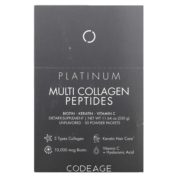 Платиновые пептиды коллагена с биотином и кератином - 30 пакетов по 11 г - Codeage Codeage