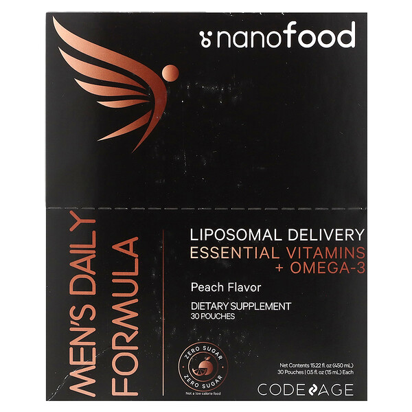 Nanofood, Ежедневная формула для мужчин, липосомальная доставка, незаменимые витамины + омега-3, персик, 30 пакетиков по 0,5 жидкой унции (15 мл) каждый Codeage