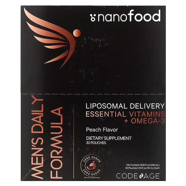 Nanofood, Men's Daily Formula, Liposomal Delivery, Essential Vitamins + Omega-3, Peach, 30 Pouches, 0.5 fl oz (Жидкие унции) (15 ml) Each Codeage