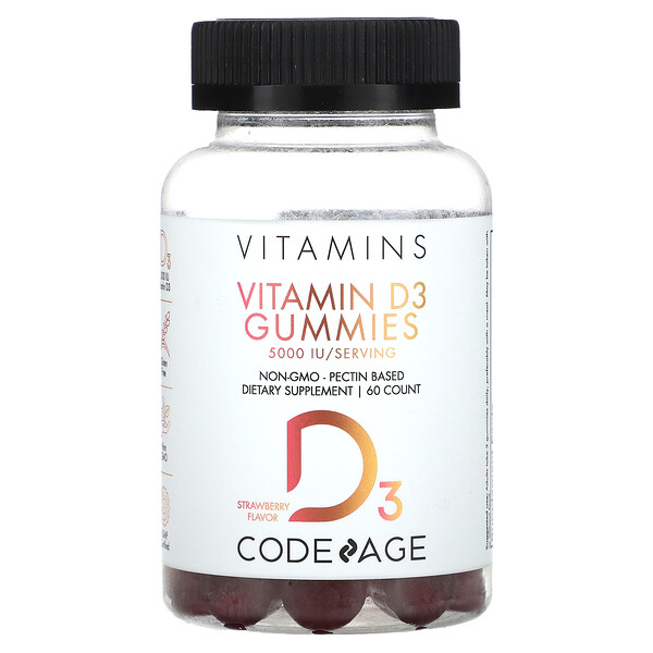 Жевательные конфеты с витамином D3, без ГМО, на основе пектина, клубника, 60 жевательных конфет Codeage
