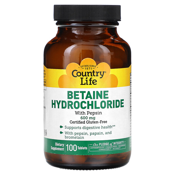 Betaine Hydrochloride with Pepsin, 600 mg, 100 Tablets Country Life