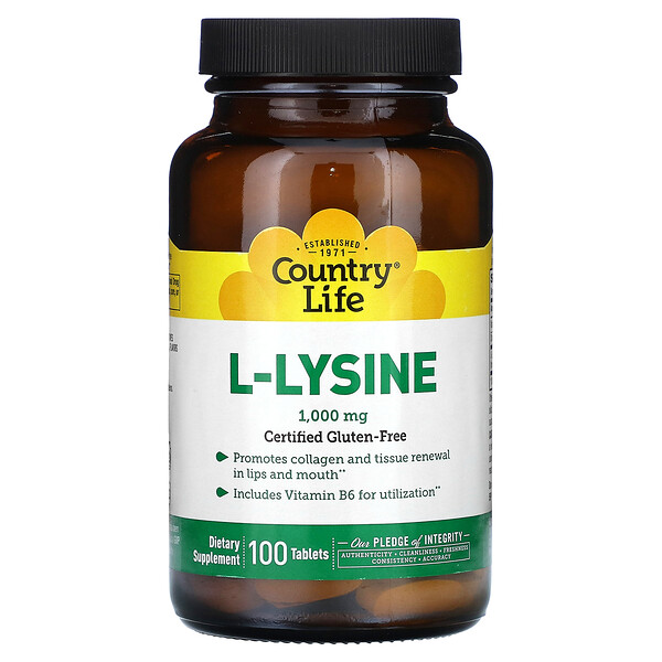L-лизин, 1000 мг, 100 таблеток Country Life