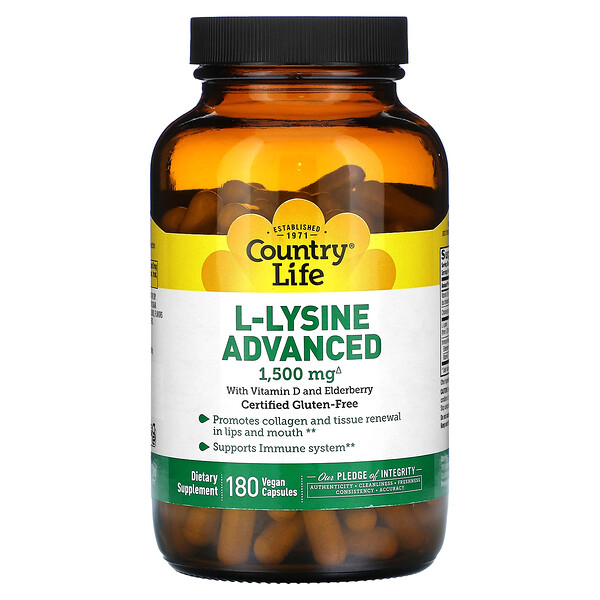 L-лизин, Advanced, 1500 мг, 180 веганских капсул (500 мг на капсулу) Country Life