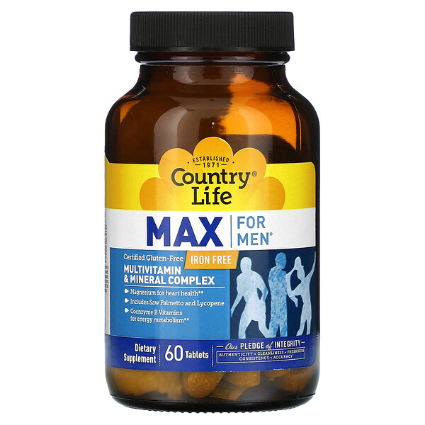 Max for Men, Multivitamin & Mineral Complex, Iron Free, 60 Tablets Country Life