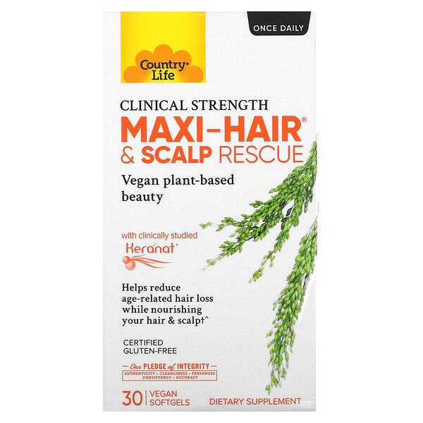 Maxi-Hair & Scalp Rescue, клиническая эффективность, 30 веганских мягких таблеток Country Life