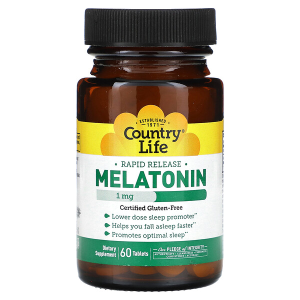 Мелатонин, быстрого высвобождения, 1 мг, 60 таблеток Country Life