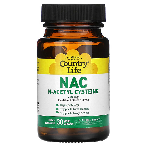 NAC, N-Acetyl Cysteine, 750 mg, 30 Vegan Capsules Country Life