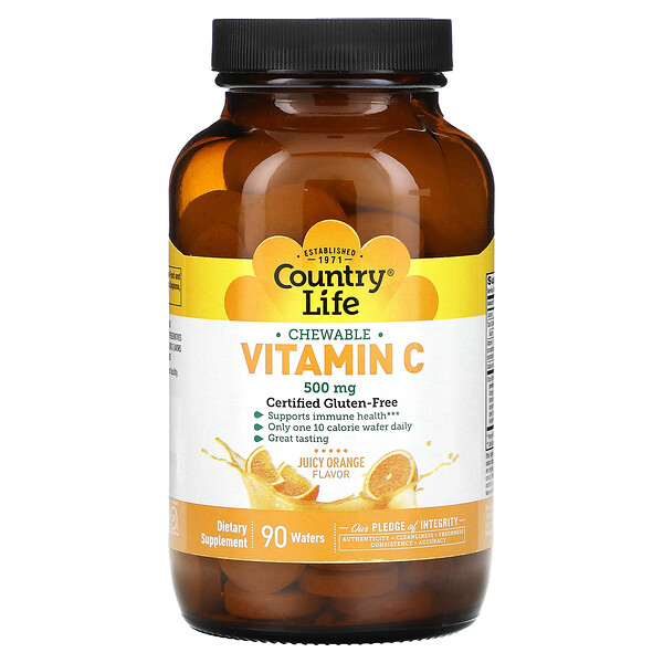 Витамин C, Жевательные таблетки, Апельсин - 500 мг - 90 таблеток - Country Life Country Life