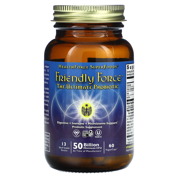 Friendly Force, Лучший пробиотик, 60 веганских капсул HealthForce Superfoods