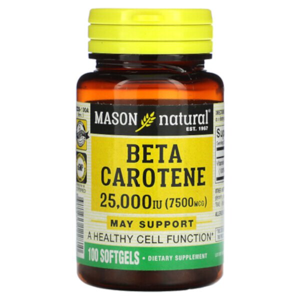 Бета-каротин, 25 000 МЕ (7500 мкг), 100 мягких таблеток Mason Natural