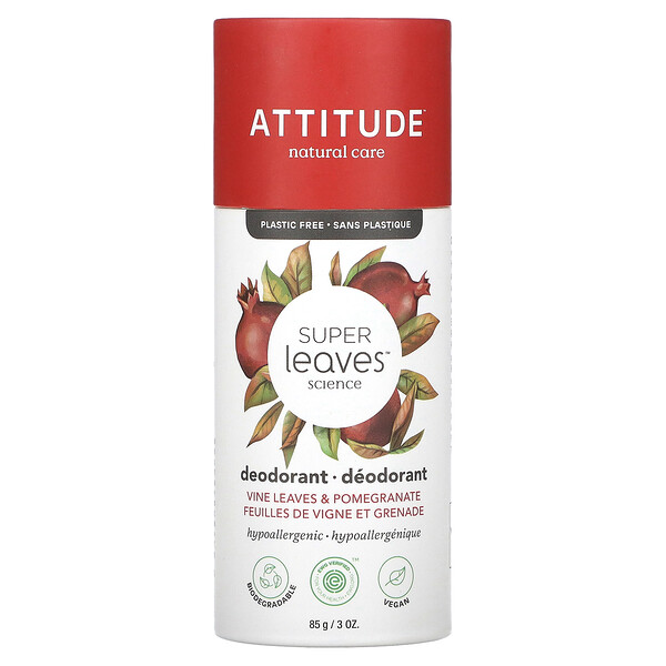 Super Leaves Deodorant, Vine Leaves & Pomegranate, 3 oz (85 g) ATTITUDE