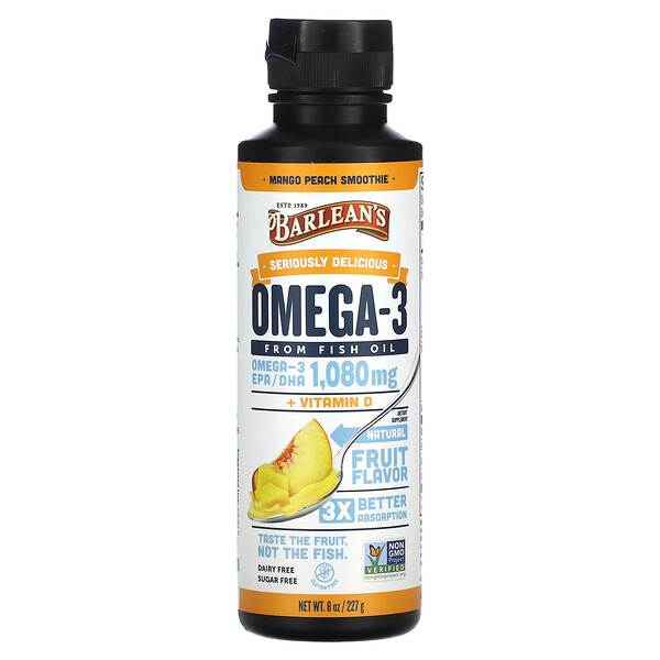 Seriously Delicious, Omega-3 from Fish Oil, Mango Peach Smoothie, 1,080 mg, 8 oz (Унции) (227 g) Barlean's