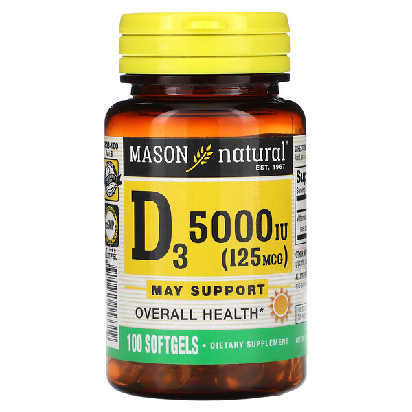 Витамин D3 - 5000 МЕ - 100 мягких капсул - Mason Natural Mason Natural