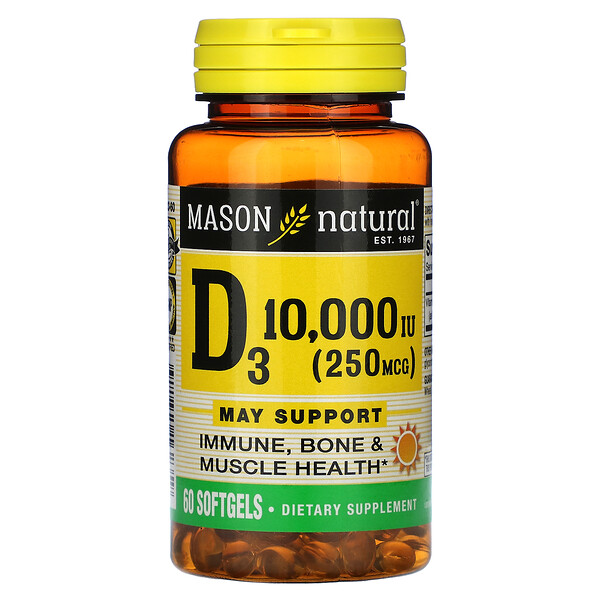 Витамин D3 - 250 мкг (10 000 МЕ) - 60 мягких капсул - Mason Natural Mason Natural