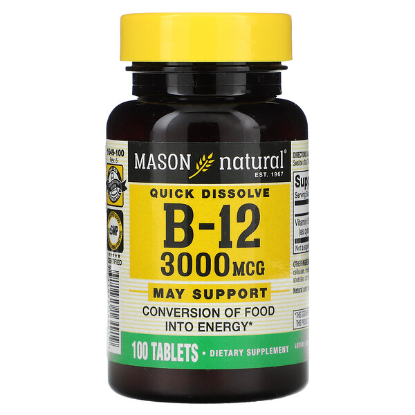 Vitamin B-12, 3,000 mcg, 100 Tablets (Таблетки) Mason Natural