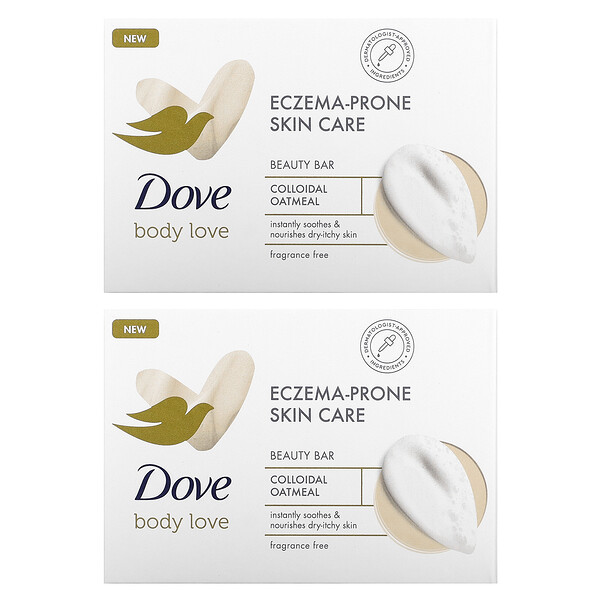 Body Love, Eczema-Prone Skin Care Beauty Bar, Fragrance Free, 2 Bars, 3.75 oz (106 g) Each Dove
