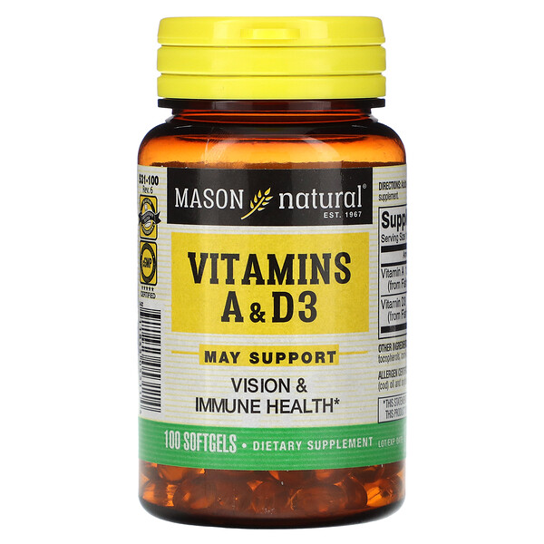 Витамины A и D3, 100 мягких таблеток Mason Natural