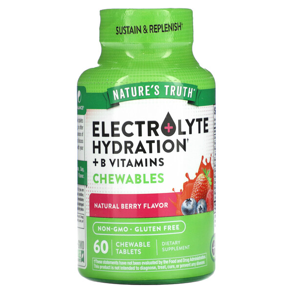 Жевательные таблетки Electrolyte Hydration + витамины группы B, натуральные ягоды, 60 жевательных таблеток Nature's Truth