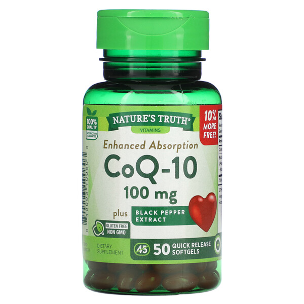CoQ-10, Улучшенная абсорбция, 100 мг, 50 мягких таблеток с быстрым высвобождением Nature's Truth